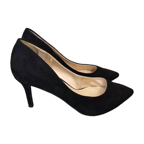 H&M Women's Black Faux Suede Leather Pointed Toe Classic Kitten Pumps Heels 38 - Picture 3 of 16